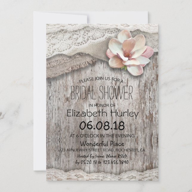 Rustic Burlap White Lace Floral Barn Bridal Shower Invitation (Front)