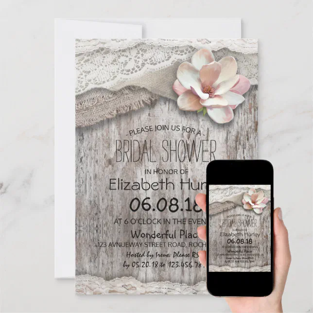 Rustic Burlap White Lace Floral Barn Bridal Shower Invitation | Zazzle