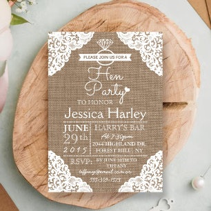Rustic Burlap & White Lace Hen Party Invitation