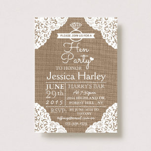 Rustic Burlap & White Lace Hen Party Invitation