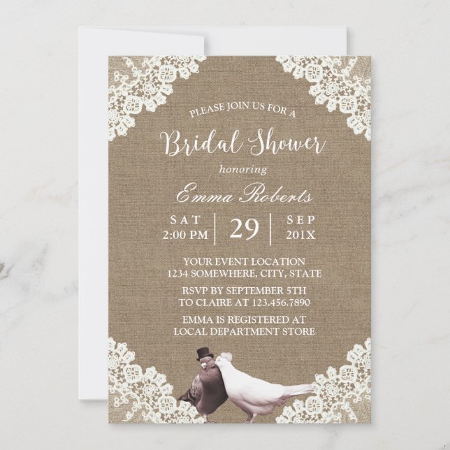 Rustic Burlap White Lace Lovebirds Bridal Shower Invitation (Front)