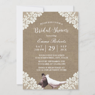Rustic Burlap White Lace Lovebirds Bridal Shower Invitation