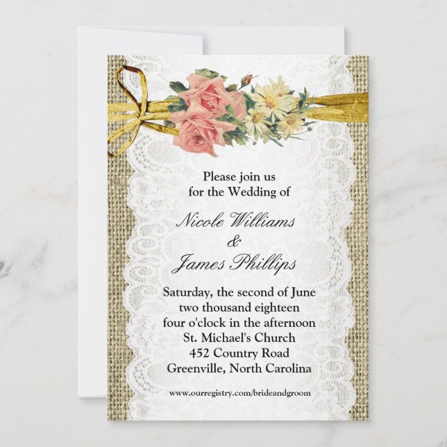 Rustic Burlap & White Lace Romantic Wedding  Invitation (Front)