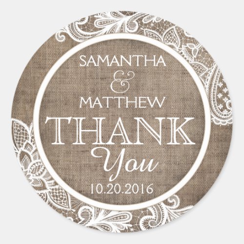 Rustic Burlap White Lace Thank You Label
