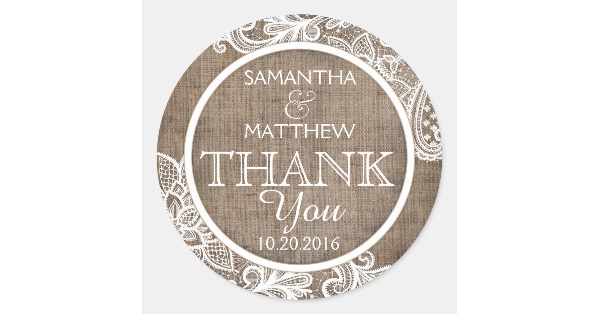 Rustic Burlap White Lace Thank You Label | Zazzle