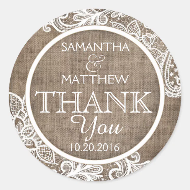 Rustic Burlap White Lace Thank You Label | Zazzle