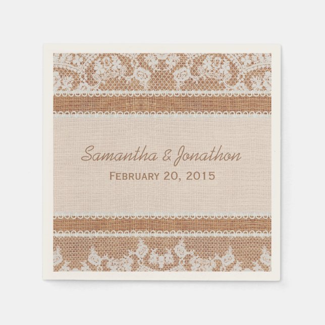 Rustic Burlap & White Lace Wedding Paper Napkins (Front)