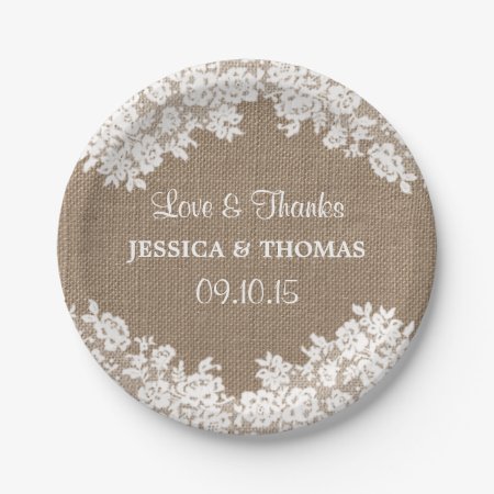 Rustic Burlap & White Lace Wedding Paper Plates