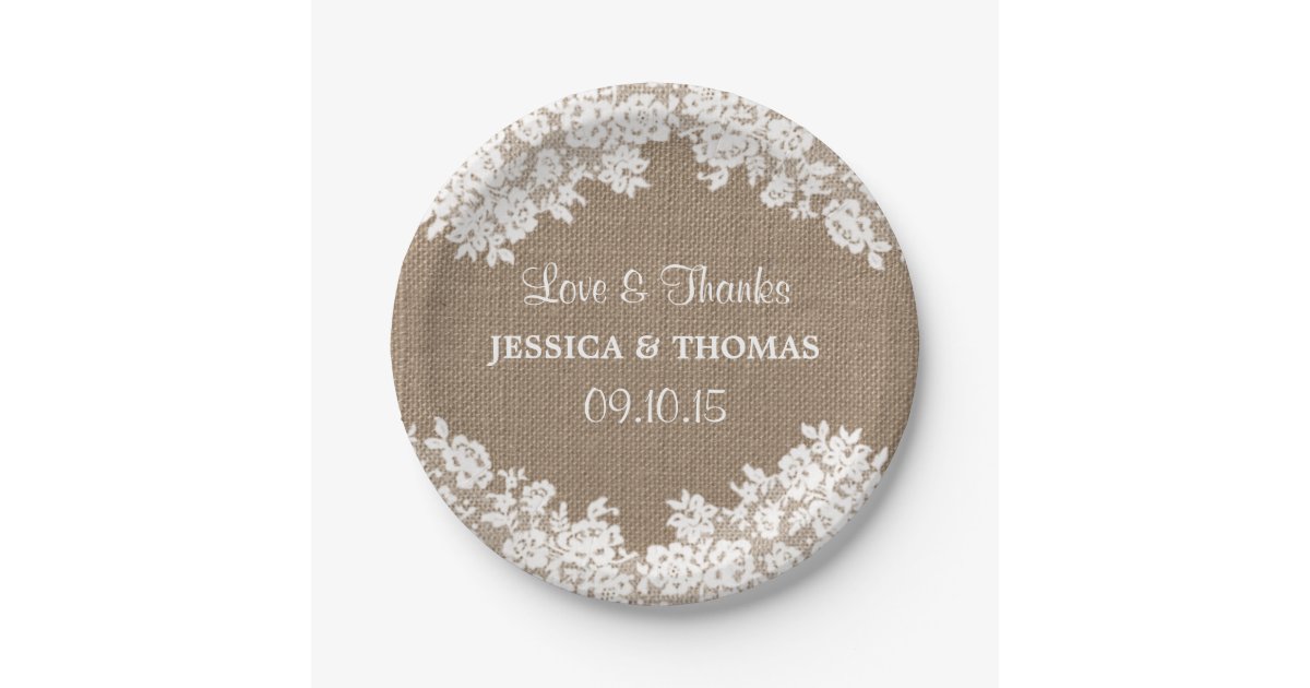 Rustic Plates Zazzle Rustic Burlap White Lace Wedding Paper Plates