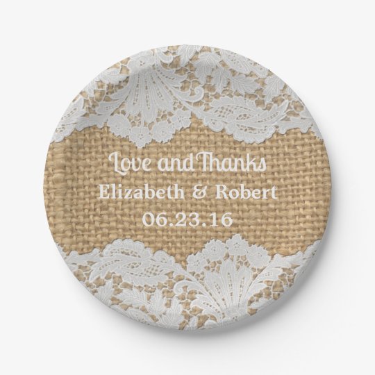Rustic Burlap White Lace Wedding Paper Plates Zazzle Rustic Burlap White Lace Wedding Paper Plates