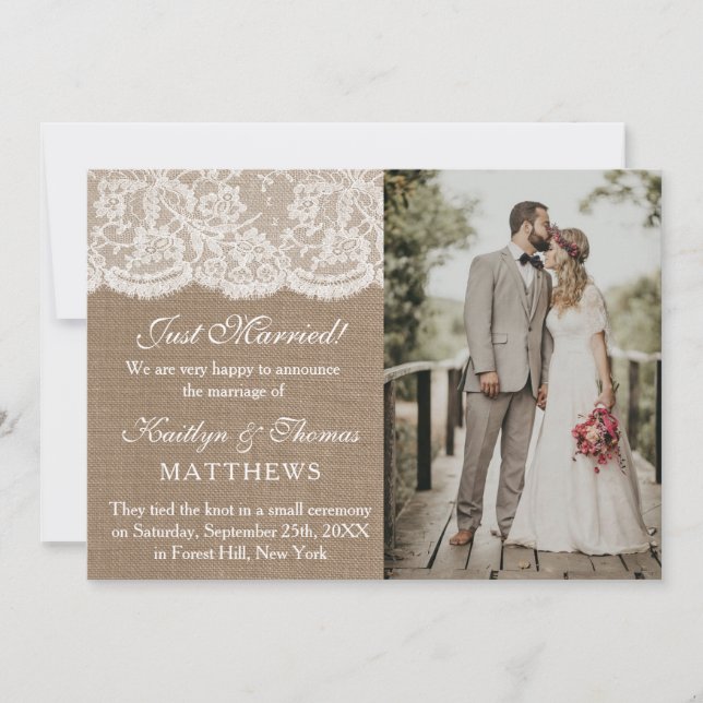 Rustic Burlap & White Lace Wedding Photo Marriage Announcement (Front)