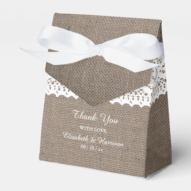 Rustic Burlap & White Lace Wedding Thank You Favor Boxes (Front Side)
