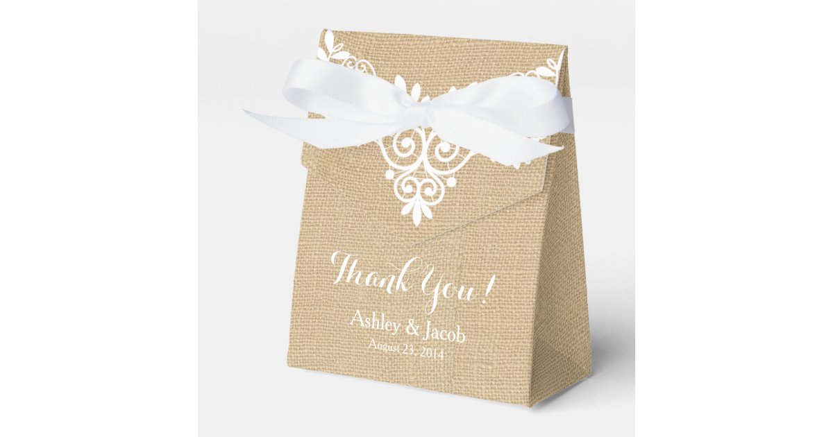 Rustic Burlap White Lace Wedding Thank You Favor Boxes | Zazzle