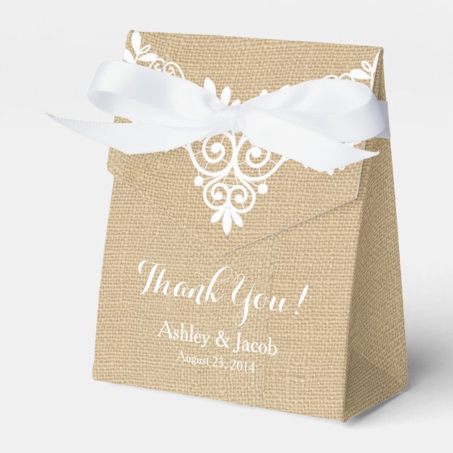 Rustic Burlap White Lace Wedding Thank You Favor Boxes (Front Side)