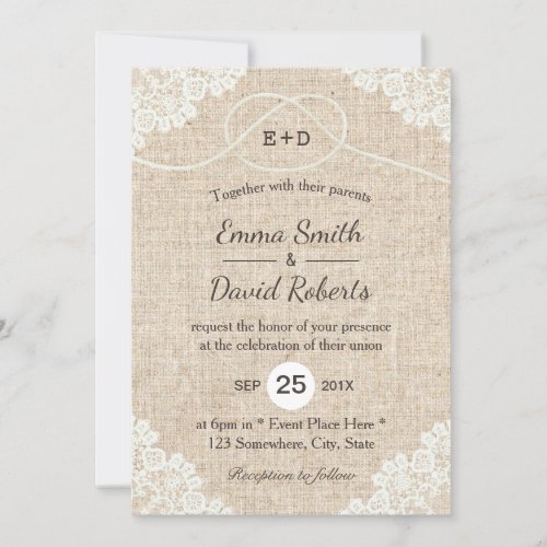 Rustic Burlap White Laced Rope Heart Knot Wedding Invitation