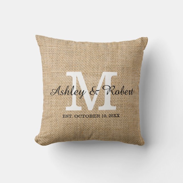 Rustic Burlap White Monogram Wedding Keepsake Throw Pillow (Front)