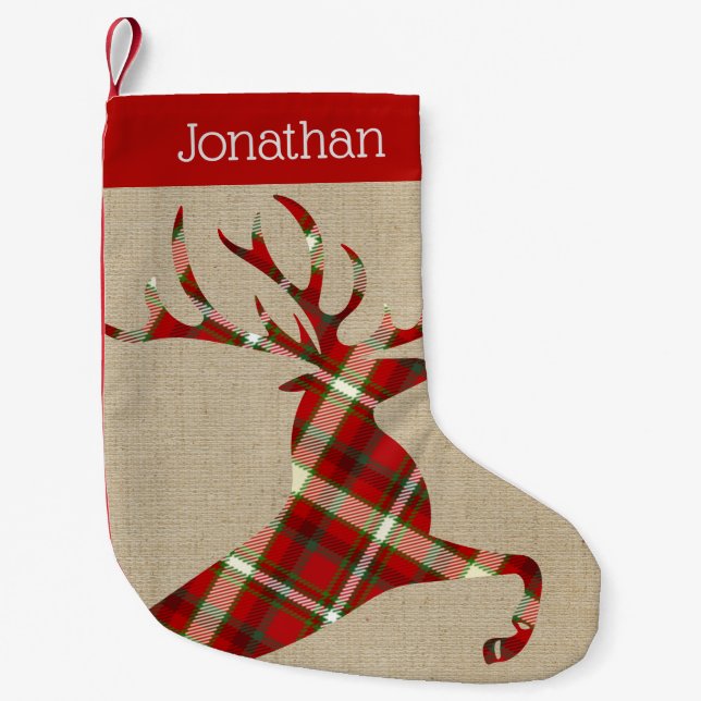 Rustic Burlap with Custom Name Red Plaid Reindeer Small Christmas Stocking (Front)