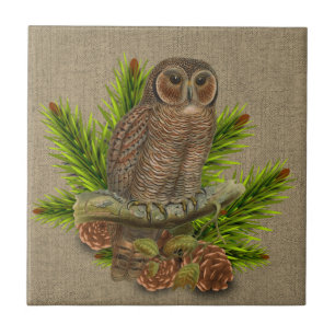 Rustic Burlap with Owl and Pine Tree Branch Ceramic Tile