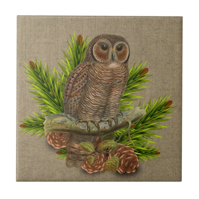 Rustic Burlap with Owl and Pine Tree Branch  Ceramic Tile (Front)