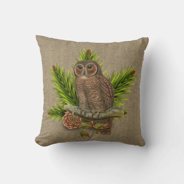 Rustic Burlap with Pine Needles and Owl  Throw Pillow (Front)