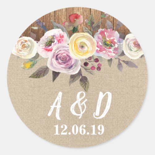 Rustic Burlap Wood Floral Wedding Stickers Labels