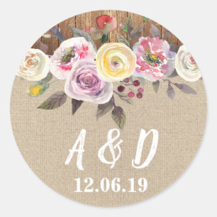 Rustic Burlap Wood Floral Wedding Stickers Labels