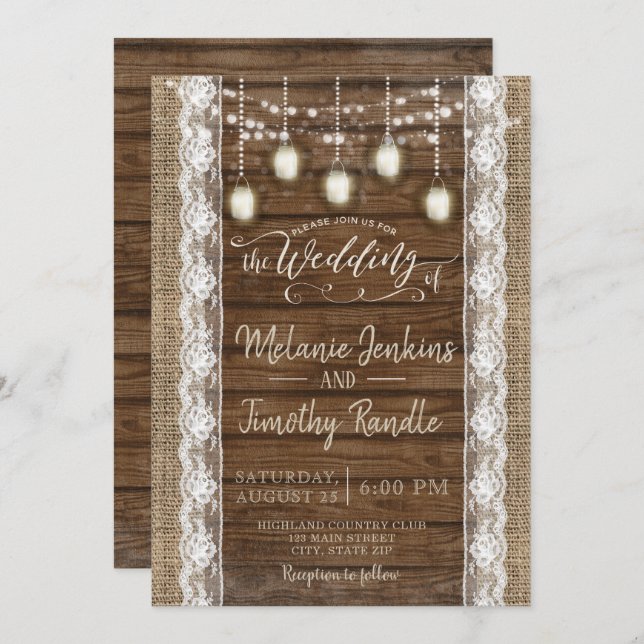 Rustic Burlap Wood Lace Wedding Invitations (Front/Back)