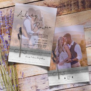 Rustic Burlap Wood Lavender Boho Photo Wedding Invitation