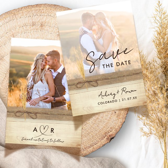 Rustic Burlap Wood Pampass Grass Boho Photo Save The Date (Creator Uploaded)