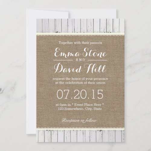 Rustic Burlap &amp; Wood Stripes Wedding Invitations 5" X 7" Invitation Car...