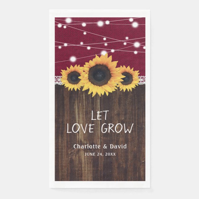 Rustic Burlap Wood Sunflower Burgundy Wedding Paper Guest Towels (Front)