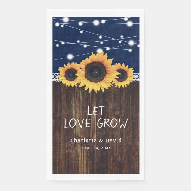 Rustic Burlap Wood Sunflower Navy Blue Wedding Paper Guest Towels (Front)