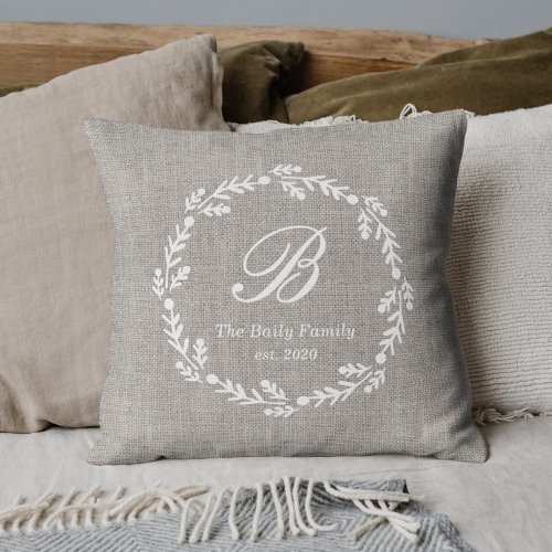 Rustic Burlap Wreath Custom Monogram Family Name Throw Pillow
