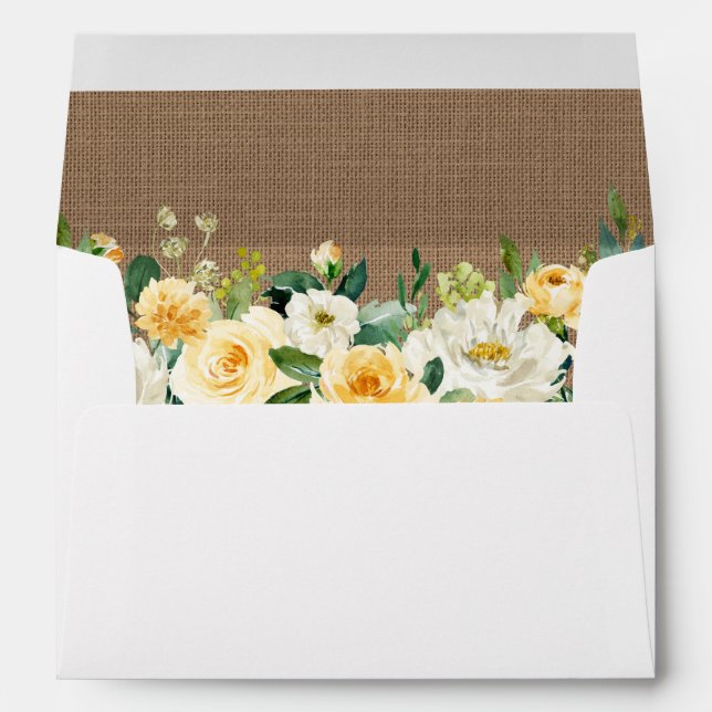 Rustic Burlap Yellow Gold White Floral Wedding Envelope (Back (Bottom))