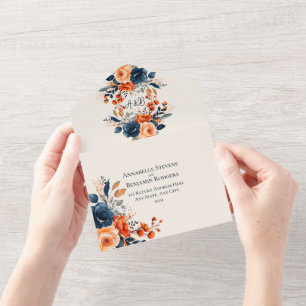 Rustic Burnt Orange and Blue Floral Wedding All In One Invitation