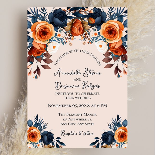 Rustic Burnt Orange and Blue Floral Wedding  Invitation (Creator Uploaded)