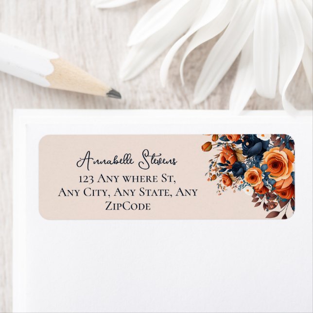 Rustic Burnt Orange and Blue Floral Wedding Label (Insitu)