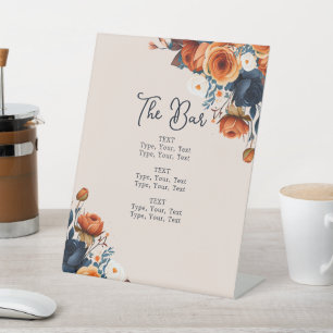 Rustic Burnt Orange and Blue Wedding Bar Menu Pedestal Sign