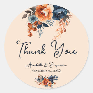 Rustic Burnt Orange and Blue Wedding Classic Round Sticker