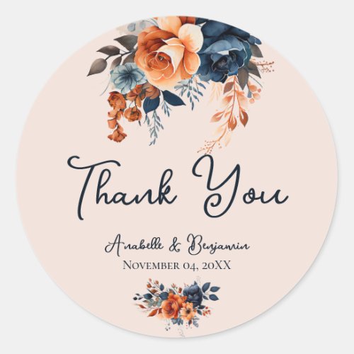 Rustic Burnt Orange and Blue Wedding Classic Round Sticker