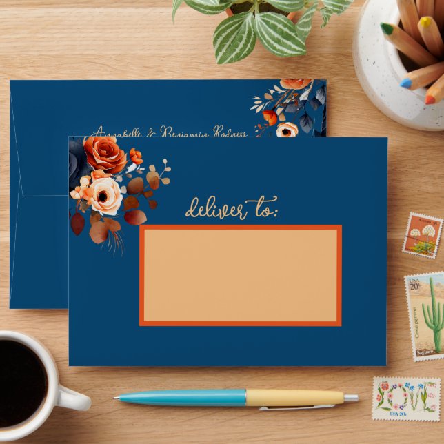 Rustic Burnt Orange and Blue Wedding Envelope (Desk)