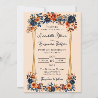 Rustic Burnt Orange and Blue Wedding Invitation