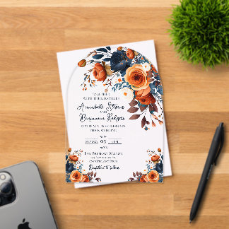 Rustic Burnt Orange and Blue Wedding Invitation