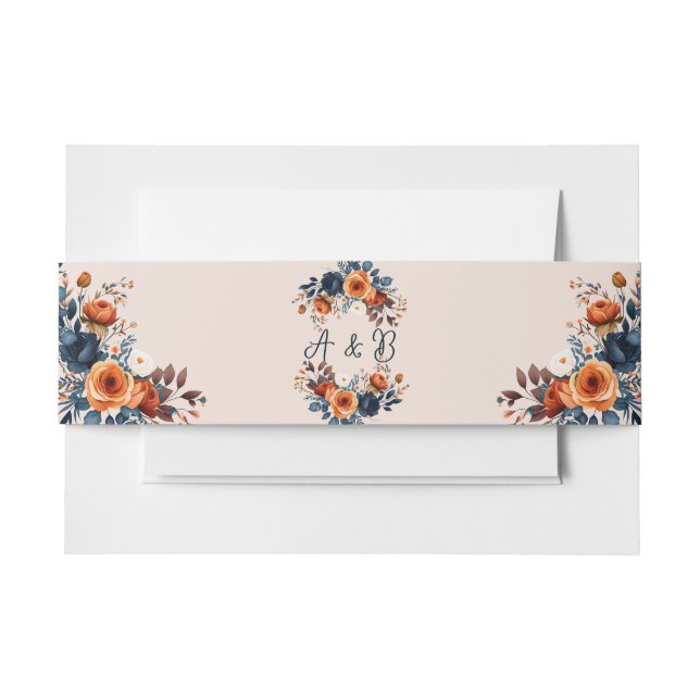 Rustic Burnt Orange and Blue Wedding Invitation Belly Band (Front Example)