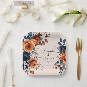 Rustic Burnt Orange and Blue Wedding  Paper Plates