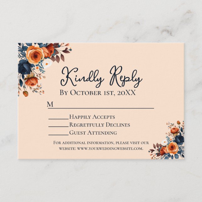 Rustic Burnt Orange and Blue Wedding RSVP Enclosure Card (Front)
