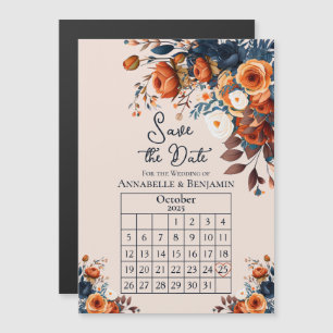 Rustic Burnt Orange and Blue Wedding Save the Date Magnetic Invitation