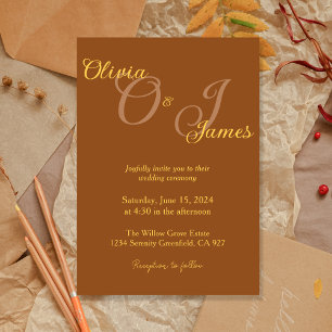 Rustic Burnt Orange and Gold Initials Wedding Invitation