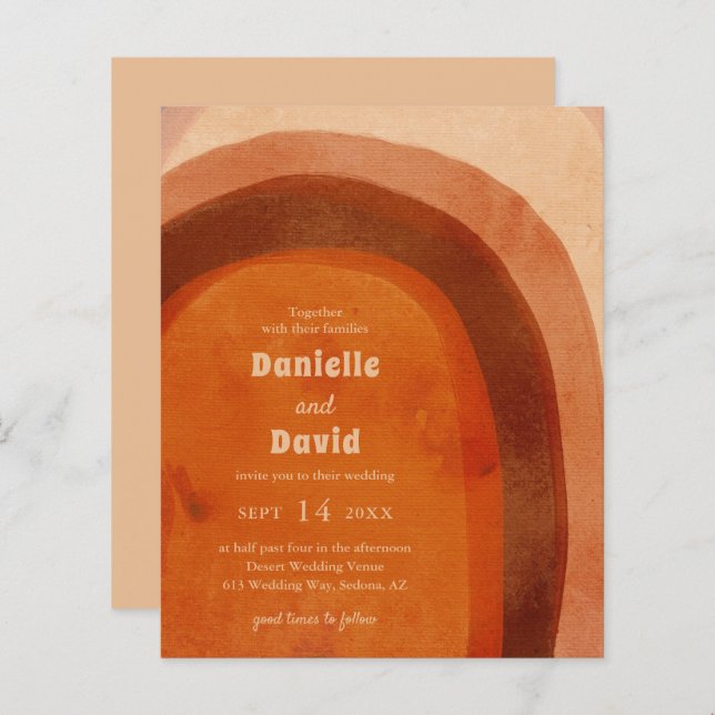 Rustic Burnt Orange Arch Budget Wedding Invite (Front/Back)