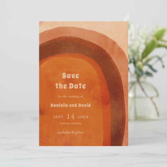 Rustic Burnt Orange Arch Modern Wedding Save The Date (Standing Front)